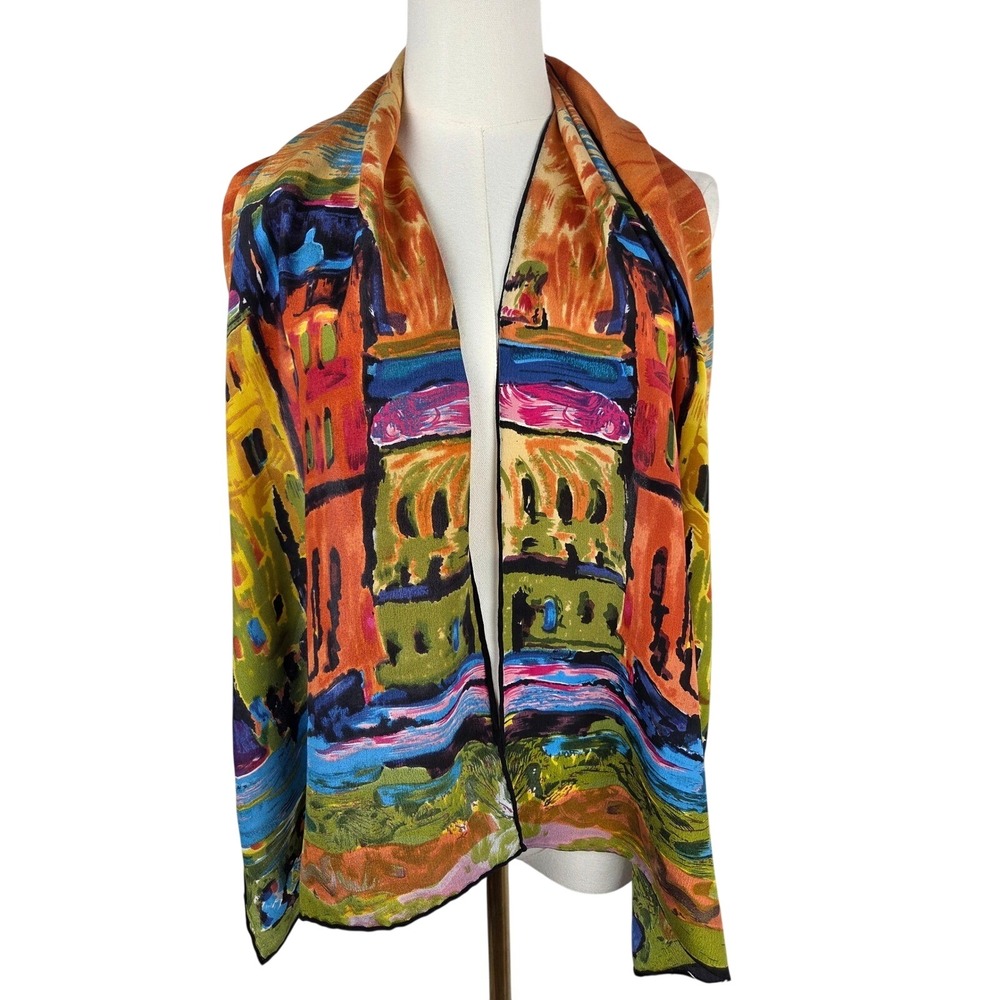 Isilk Kandinsky Houses in Munich Scarf 16x62 Multicolor Charmeuse Silk Art